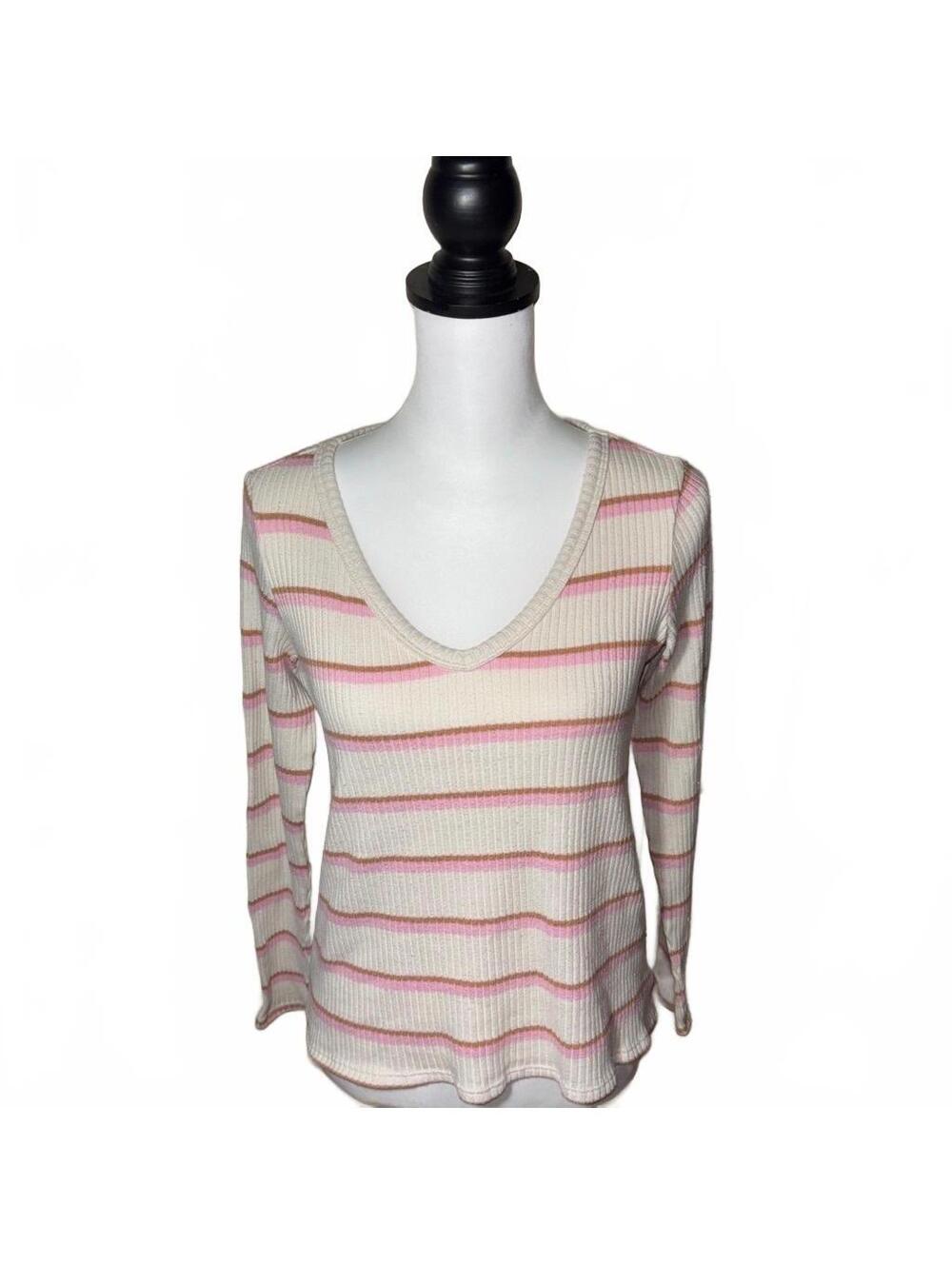 American Eagle Striped Ribbed V-Neck Long Sleeve Top